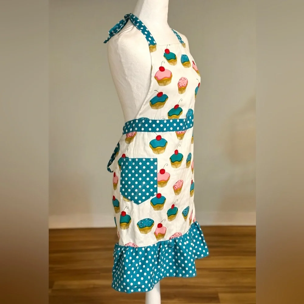 1950’s Inspired Apron, Cupcake Polka Dot with Ruffles and Cherries